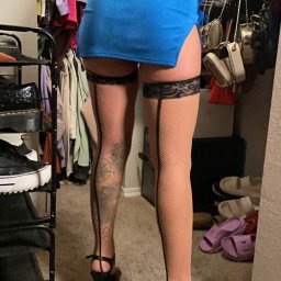 Photo by milapeachez_hotwife with the username @milapeachez, who is a verified user,  October 23, 2023 at 3:56 PM and the text says 'trying on clothes for my hubby <3 #hotwife #longlegs'