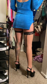 Photo by milapeachez_hotwife with the username @milapeachez, who is a verified user,  October 23, 2023 at 3:56 PM and the text says 'trying on clothes for my hubby <3 #hotwife #longlegs'