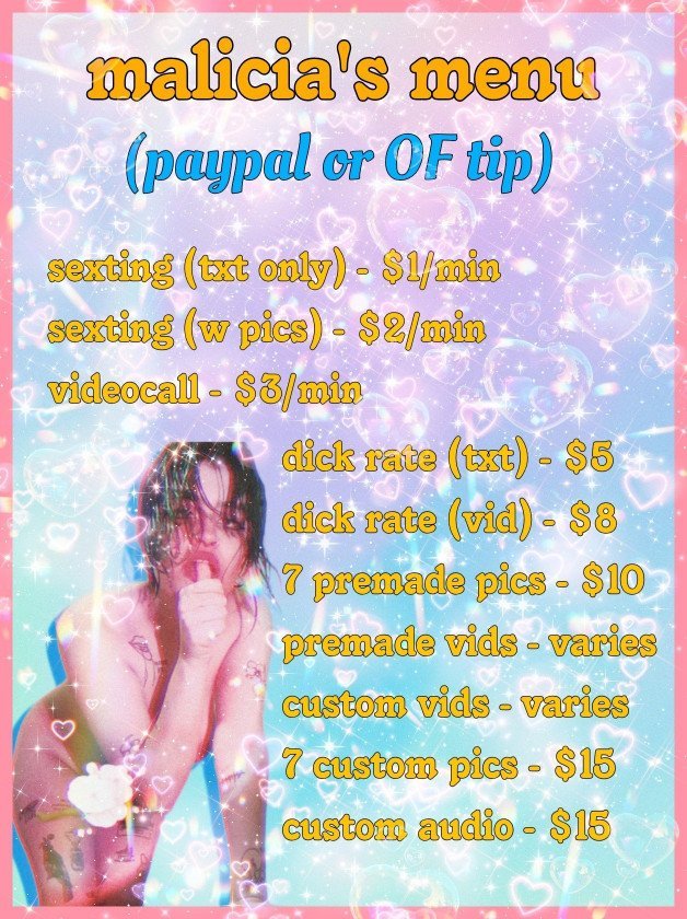 Photo by malicia with the username @lamalicia, who is a star user,  November 18, 2023 at 12:08 AM and the text says 'menu ✨ hmu for #content & feel free to ask abt anything not on the menu. payment upfront & if yr good to me i might throw in a lil freebie 😈'