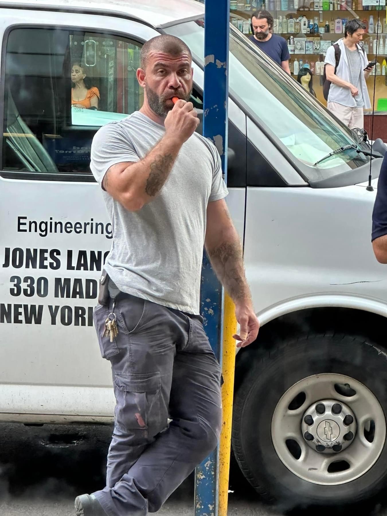 Photo by DirtyDaddyFunStuff with the username @DirtyDaddyPorn, who is a verified user,  February 13, 2024 at 7:29 PM and the text says '#Beefy #burly #construction Worker!!  #stubble #muscles #uniform #buff #manly #tats'