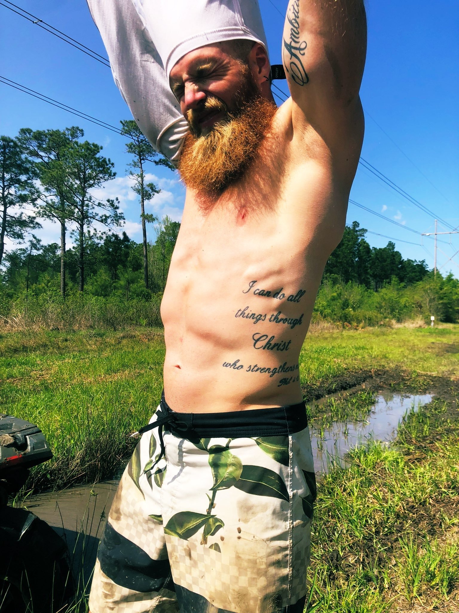 Photo by DirtyDaddyFunStuff with the username @DirtyDaddyPorn, who is a verified user,  April 6, 2024 at 11:52 PM and the text says '#countryboy #ginger #cowboy #beards #armpits #hairy #tats #boots'