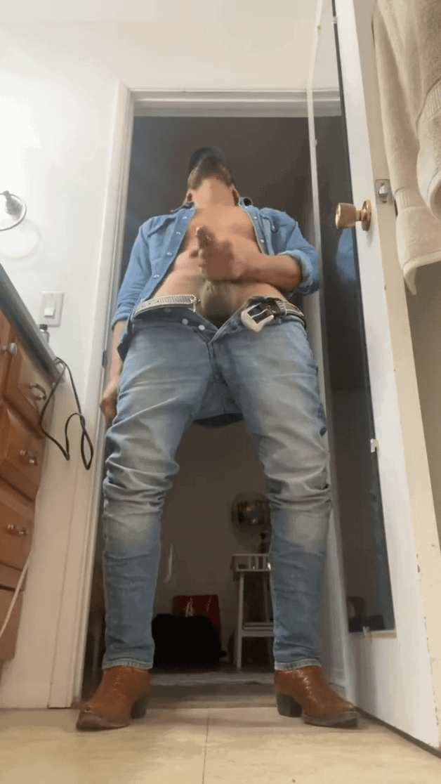 Album by DirtyDaddyFunStuff with the username @DirtyDaddyPorn, who is a verified user,  April 22, 2024 at 10:34 PM and the text says 'Ripped #countryboy #cowboy #jerkingoff #denim #dirty #hung #cum #cumshot #beard #stubble'