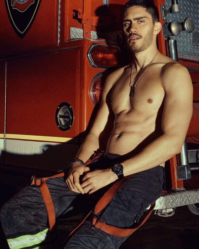 Photo by DirtyDaddyFunStuff with the username @DirtyDaddyPorn, who is a verified user,  April 28, 2024 at 9:24 PM and the text says '#fireman #uniform #muscles #wet #stubble'