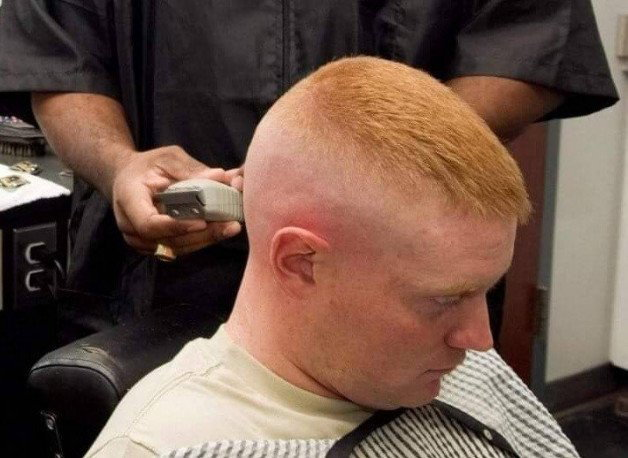 Photo by DirtyDaddyFunStuff with the username @DirtyDaddyPorn, who is a verified user,  December 28, 2023 at 8:35 PM and the text says '#ginger #redhead #shave #buzzcut #military'