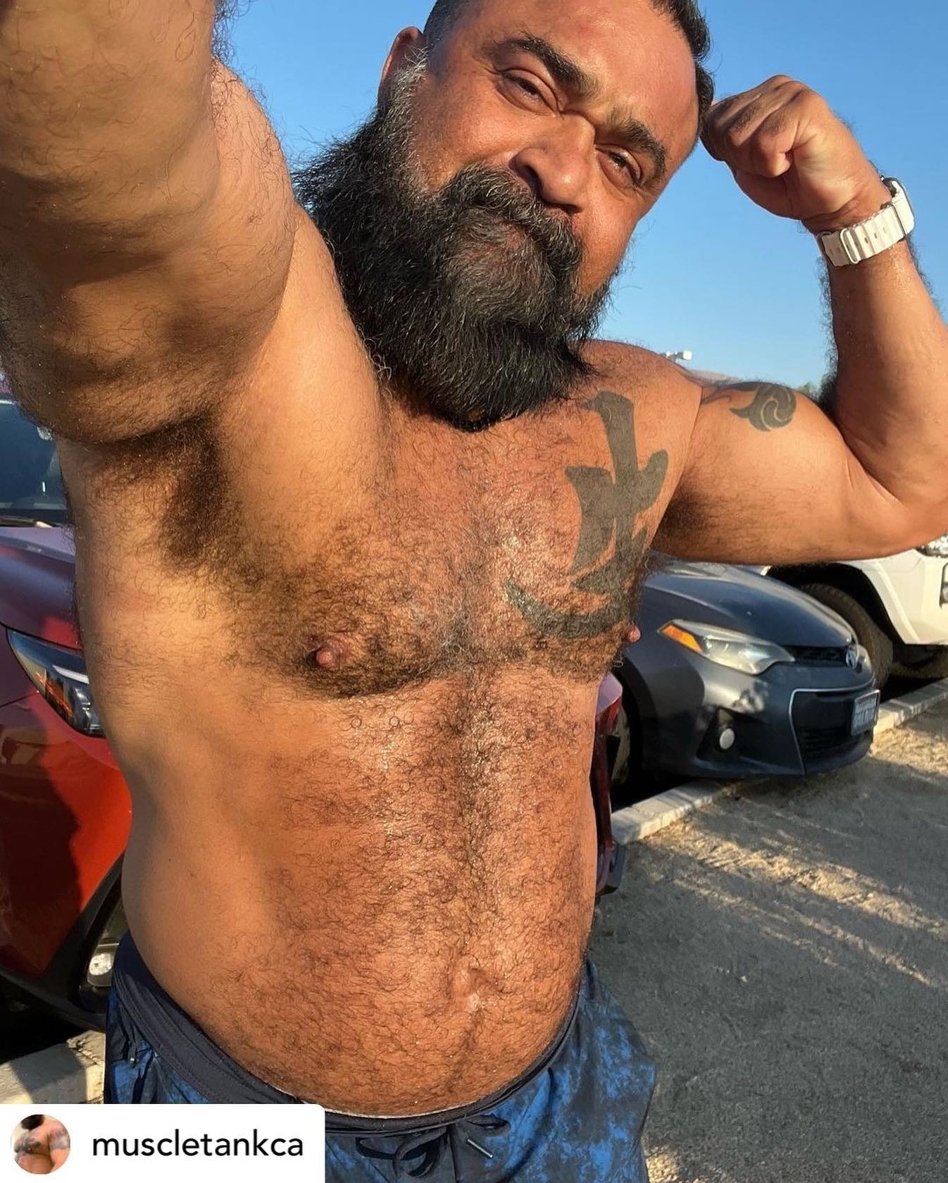 Photo by DirtyDaddyFunStuff with the username @DirtyDaddyPorn, who is a verified user,  April 28, 2024 at 11:16 PM and the text says '#hairy #daddies'