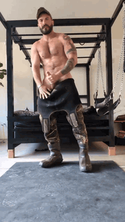 Photo by DirtyDaddyFunStuff with the username @DirtyDaddyPorn, who is a verified user,  June 5, 2024 at 11:29 PM and the text says '#Leather #daddy #muscles #jerkingoff'