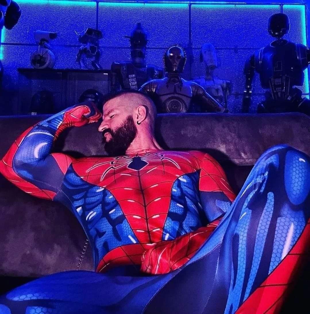 Photo by DirtyDaddyFunStuff with the username @DirtyDaddyPorn, who is a verified user,  May 28, 2024 at 12:01 AM and the text says '#beards #muscles #superheroes #costume #uniforms #spiderman'