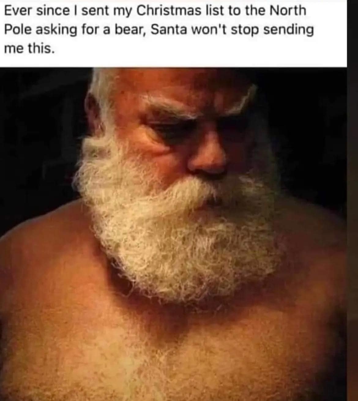 Photo by DirtyDaddyFunStuff with the username @DirtyDaddyPorn, who is a verified user,  January 7, 2024 at 9:47 PM and the text says '#hairy #muscles #beards #bears #santa #christmas #shaving #stubble'