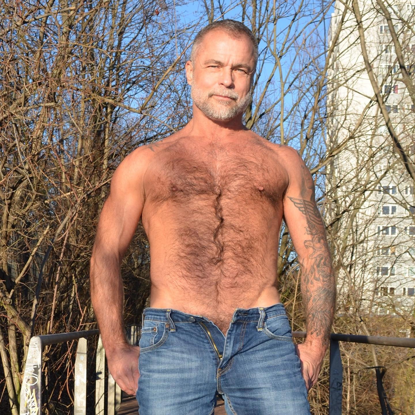 Photo by DirtyDaddyFunStuff with the username @DirtyDaddyPorn, who is a verified user,  April 21, 2024 at 6:38 PM and the text says 'Hunky #hairy #muscle #daddy #mustache #tats #armpits #manly'