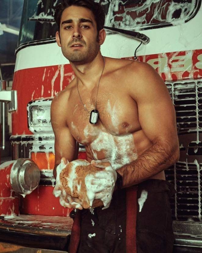 Photo by DirtyDaddyFunStuff with the username @DirtyDaddyPorn, who is a verified user,  April 28, 2024 at 9:24 PM and the text says '#fireman #uniform #muscles #wet #stubble'