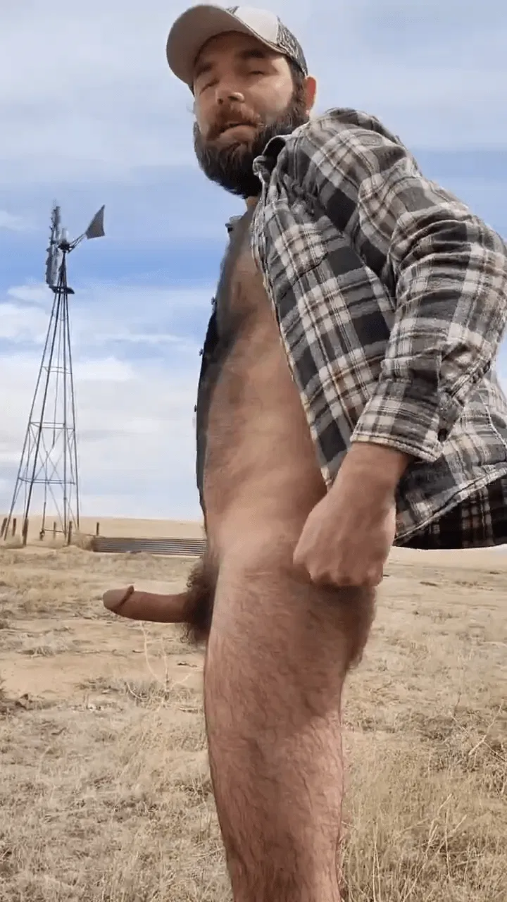 Photo by DirtyDaddyFunStuff with the username @DirtyDaddyPorn, who is a verified user,  May 30, 2024 at 1:18 AM and the text says 'Windy Farmer Jerkoff2 #hairy #otter #farmer #outdoors #beards #cum #cumshot #furry #muscles #hung #cowboys #countryboys'