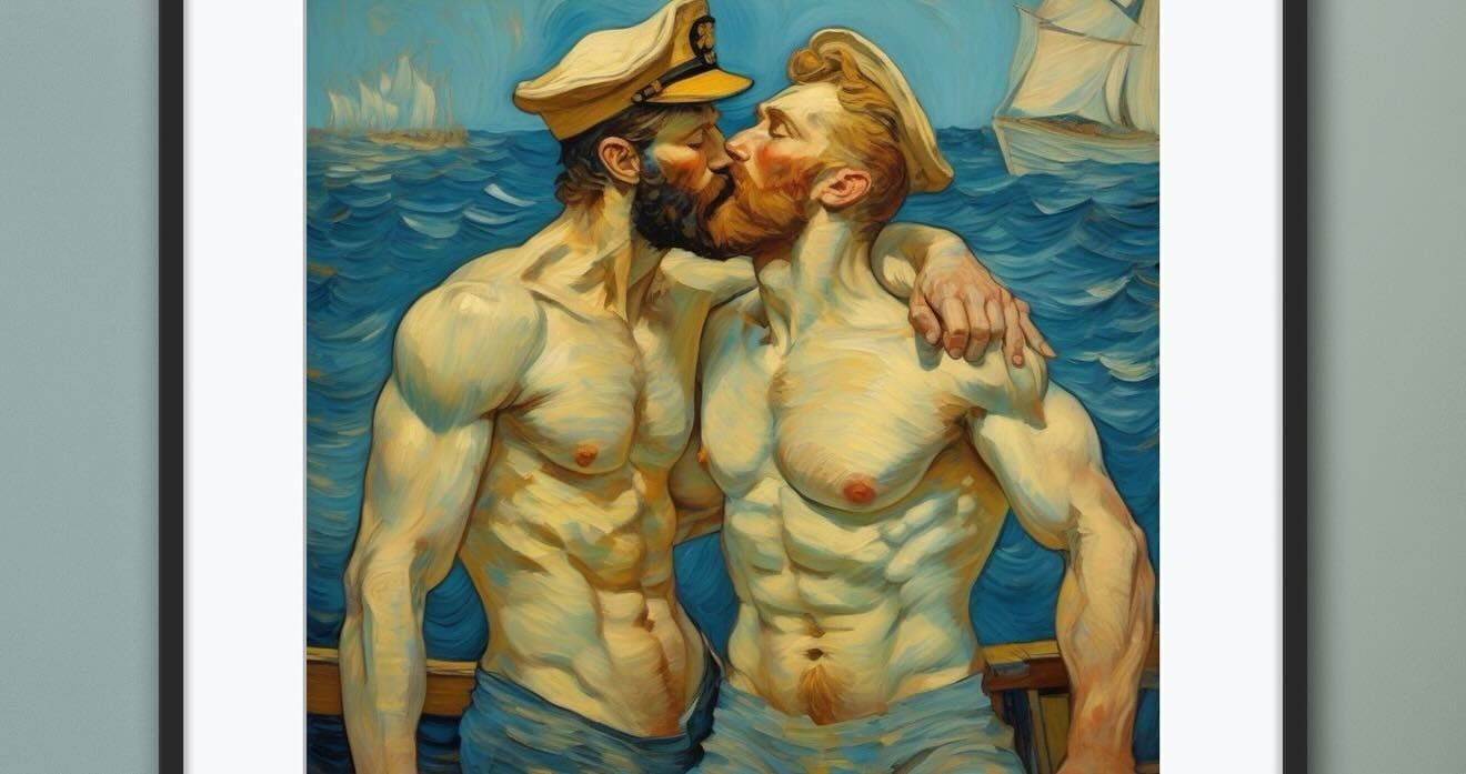 Photo by DirtyDaddyFunStuff with the username @DirtyDaddyPorn, who is a verified user,  February 14, 2024 at 5:51 PM and the text says '#sailors #uniforms #seamen #gingers #redheads #muscles #art #paintings #beards #military'