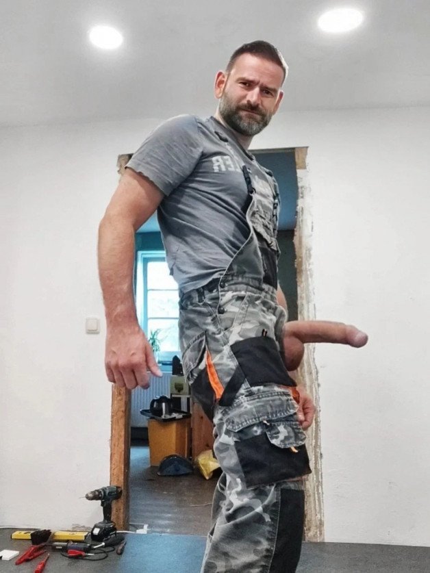 Photo by DirtyDaddyFunStuff with the username @DirtyDaddyPorn, who is a verified user,  March 28, 2024 at 6:04 PM and the text says 'Super HUNG Construction STud.  #hairy #muscles #buff #countryboys #cowboys #overalls #uniforms #denim #construction #hung #horsehung #massive #uncut #stubble #beards #farm #farmer #armpits'