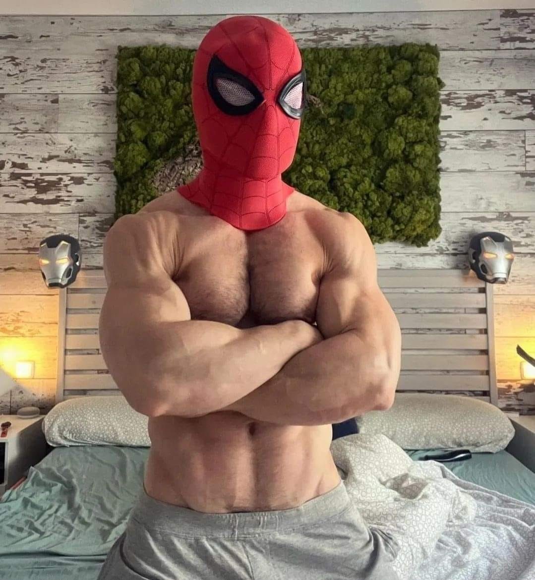 Photo by DirtyDaddyFunStuff with the username @DirtyDaddyPorn, who is a verified user,  May 28, 2024 at 12:01 AM and the text says '#beards #muscles #superheroes #costume #uniforms #spiderman'