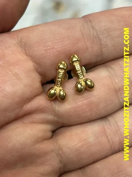 Photo by DirtyDaddyFunStuff with the username @DirtyDaddyPorn, who is a verified user,  April 5, 2024 at 8:10 PM and the text says 'Penis Suck Me Stud Earrings.  Gold, Black or Silver.
https://whozitzandwhatzitz.com/products/suck-me-penis-earrings'