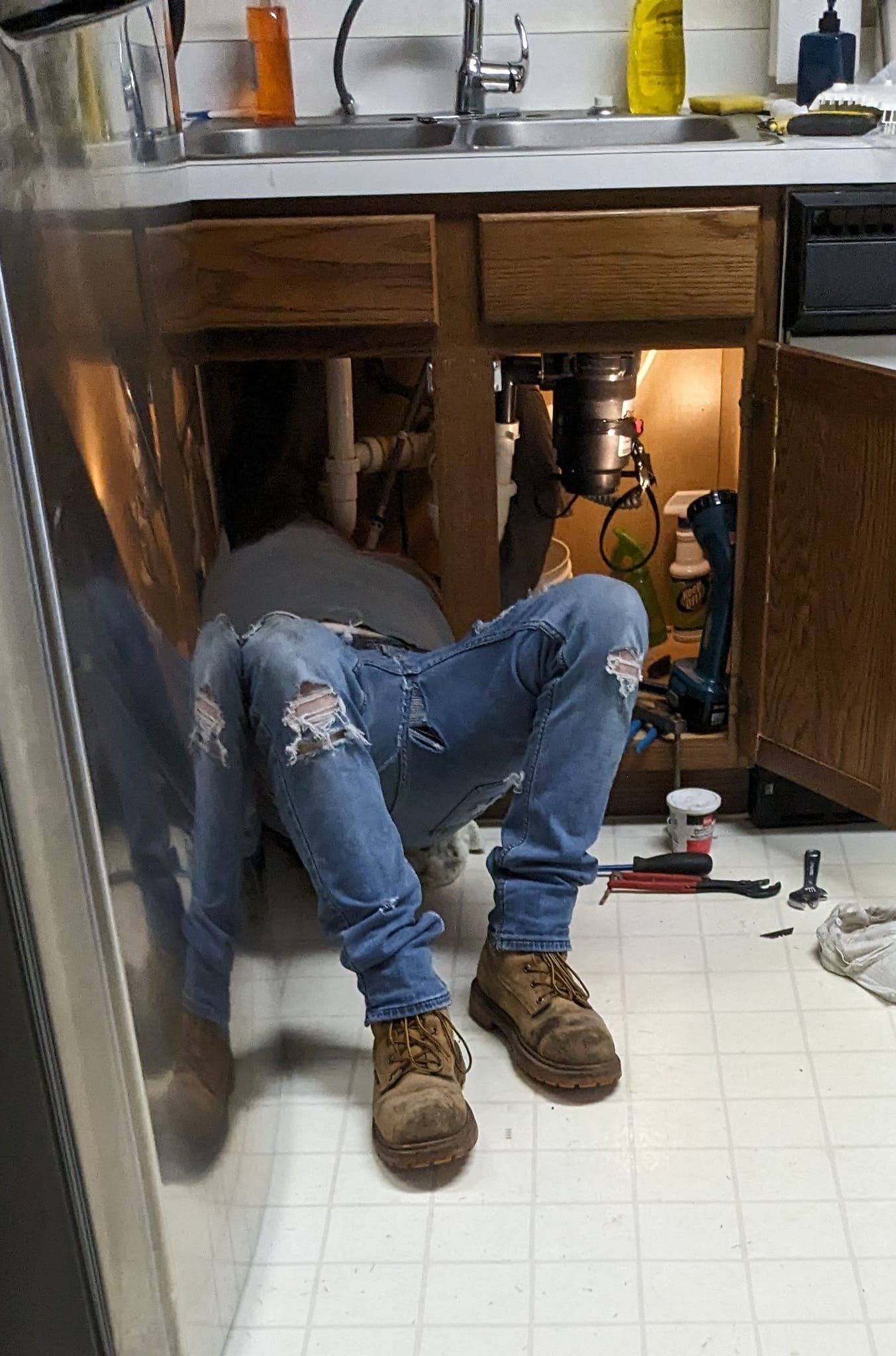Photo by DirtyDaddyFunStuff with the username @DirtyDaddyPorn, who is a verified user,  February 6, 2024 at 9:09 PM and the text says '#plumber #uniform #denim  So, a bud had the plumber over.  Was the guy wanting more than hard pipes??'
