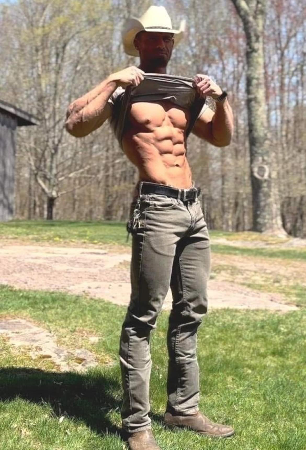 Photo by DirtyDaddyFunStuff with the username @DirtyDaddyPorn, who is a verified user,  April 3, 2024 at 7:05 PM and the text says '#cowboys and #abs'