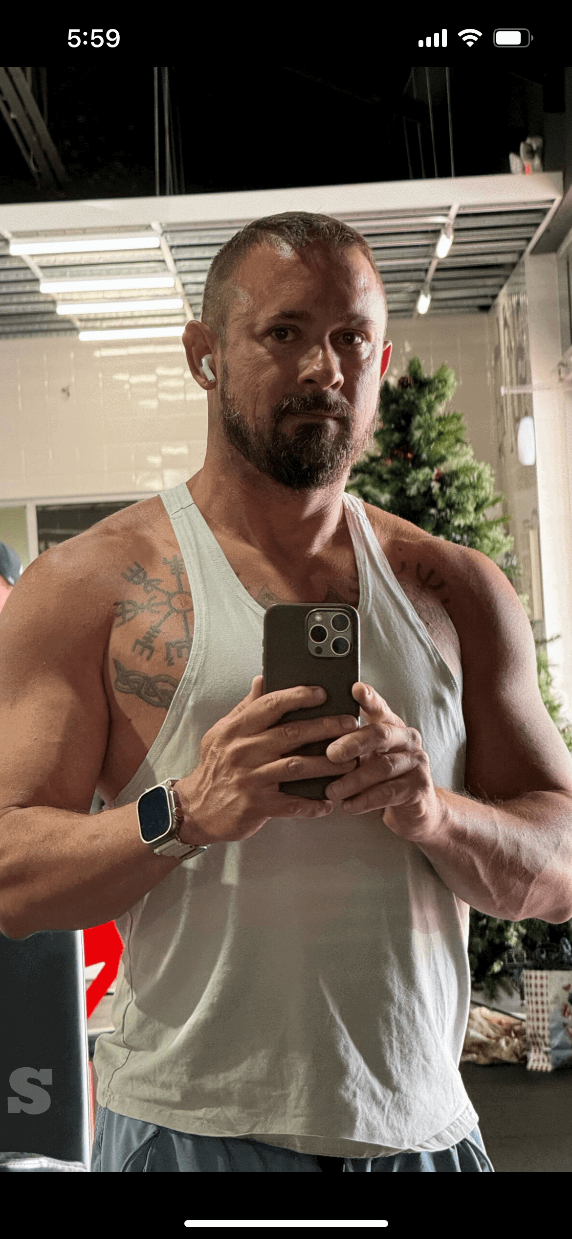 Photo by DirtyDaddyFunStuff with the username @DirtyDaddyPorn, who is a verified user,  June 21, 2024 at 8:23 PM and the text says '#Rough #Tough #muscles #tats'
