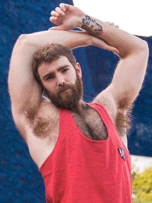 Album by DirtyDaddyFunStuff with the username @DirtyDaddyPorn, who is a verified user,  April 16, 2024 at 10:46 PM and the text says 'Rocking those #Armpits .  #gingers #hairy #muscles #smelly'