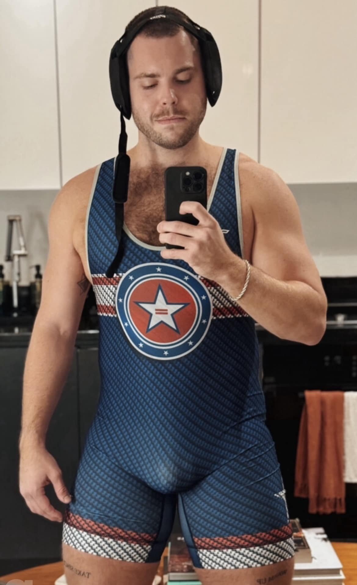 Photo by DirtyDaddyFunStuff with the username @DirtyDaddyPorn, who is a verified user,  April 27, 2024 at 12:39 AM and the text says '#Wrestling 2 #singlets #spandex #muscles #sweat #tats #mustaches #sports #buff #baskets #bulges #armpits'