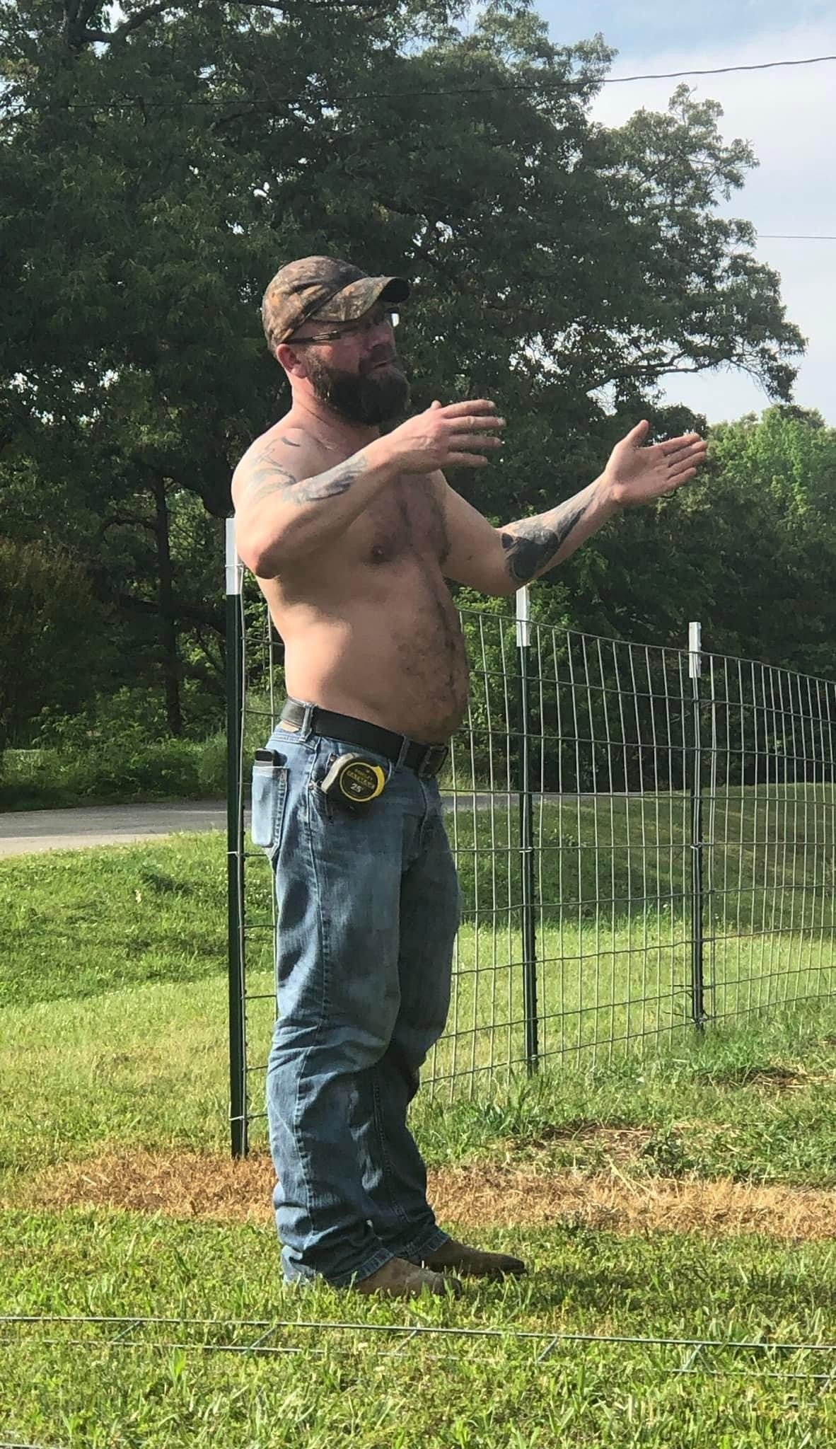 Photo by DirtyDaddyFunStuff with the username @DirtyDaddyPorn, who is a verified user,  May 5, 2024 at 8:03 PM and the text says 'Gorgeous #cowboy #farmer #bear #hairy #beards #armpits #muscles  #tats'