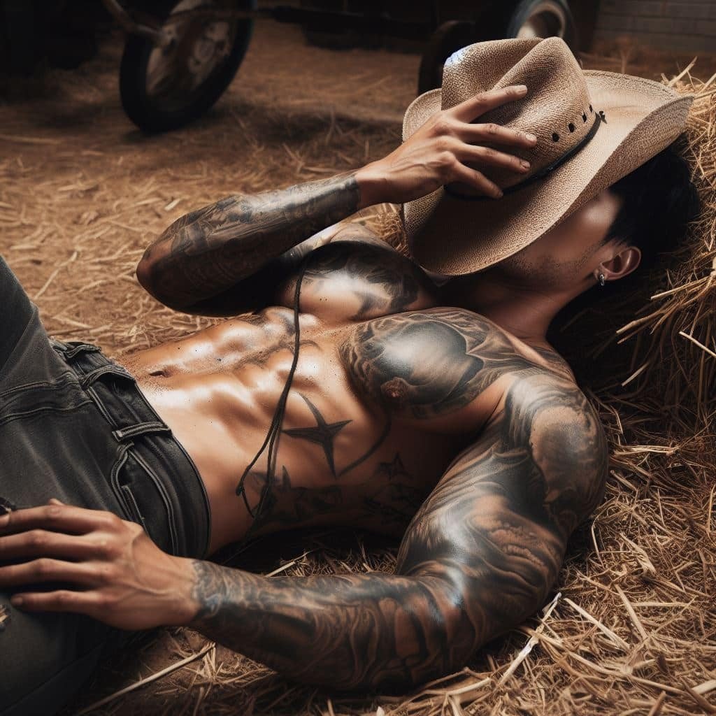Photo by DirtyDaddyFunStuff with the username @DirtyDaddyPorn, who is a verified user,  March 28, 2024 at 5:53 PM and the text says '#muscles and #cowboys #farm #farmers #buff #stubble #tats #leather #hairy'