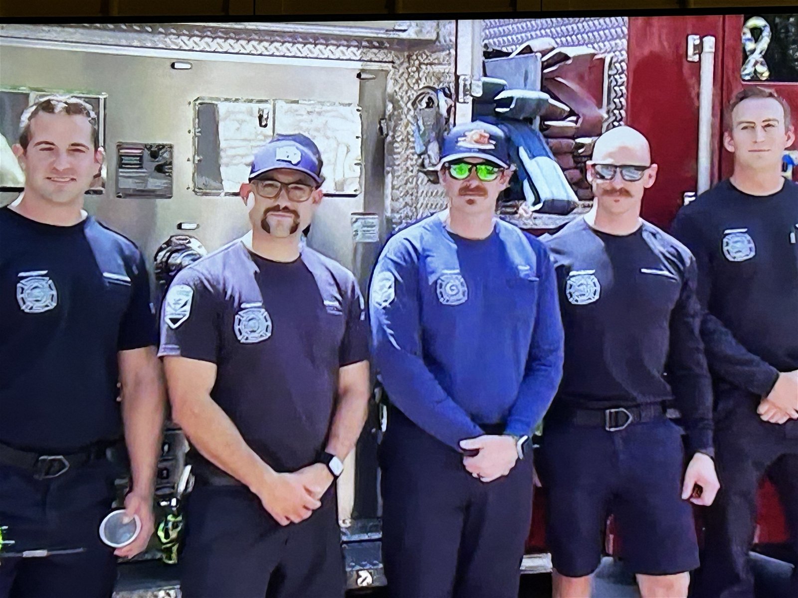 Photo by DirtyDaddyFunStuff with the username @DirtyDaddyPorn, who is a verified user,  May 6, 2024 at 11:34 PM and the text says '#fireman #uniforms #mustaches #stache #butch #muscles'