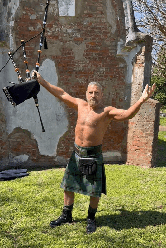 Photo by DirtyDaddyFunStuff with the username @DirtyDaddyPorn, who is a verified user,  May 1, 2024 at 12:18 AM and the text says '#kilts #daddy #bagpipe #hairy #muscles'