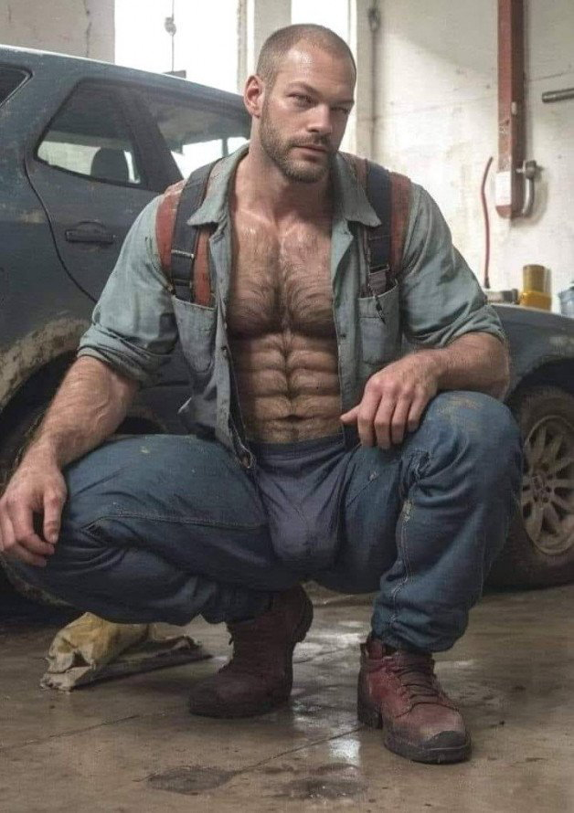 Photo by DirtyDaddyFunStuff with the username @DirtyDaddyPorn, who is a verified user,  January 12, 2024 at 11:06 PM and the text says '#uniforms #muscles #buff #hairy #hung #stubble #bald #mechanic'
