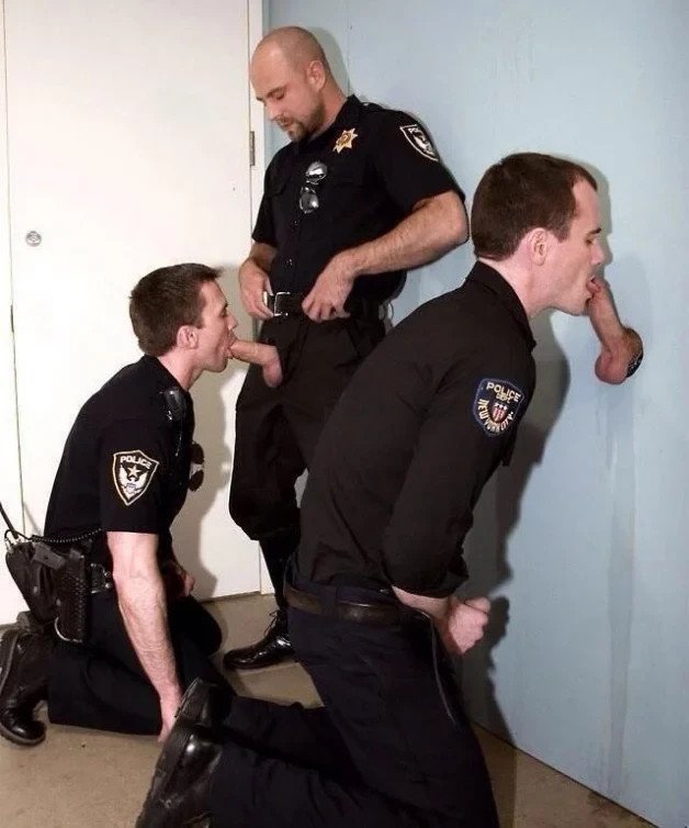 Photo by DirtyDaddyFunStuff with the username @DirtyDaddyPorn, who is a verified user,  April 11, 2024 at 7:35 PM and the text says 'Pigs at the Trough!  #cops #police #pigs #uniforms #gloryholes #public #kinky #cocksuckers #oral #restrooms #bathrooms'