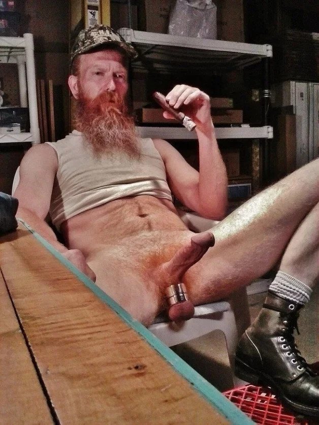 Photo by DirtyDaddyFunStuff with the username @DirtyDaddyPorn, who is a verified user,  April 8, 2024 at 1:27 AM and the text says 'Big Red !  #ginger #redhead #hung #ballplay #otter #beards #cigars'