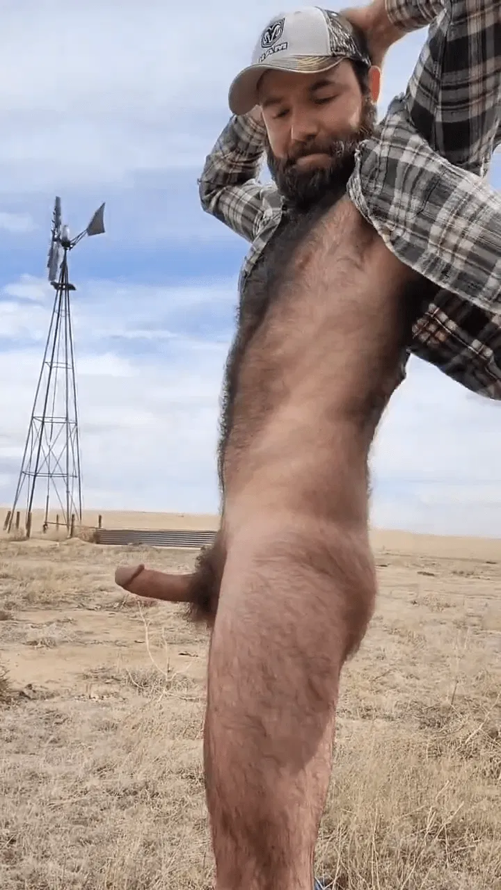 Photo by DirtyDaddyFunStuff with the username @DirtyDaddyPorn, who is a verified user,  May 30, 2024 at 1:18 AM and the text says 'Windy Farmer Jerkoff2 #hairy #otter #farmer #outdoors #beards #cum #cumshot #furry #muscles #hung #cowboys #countryboys'