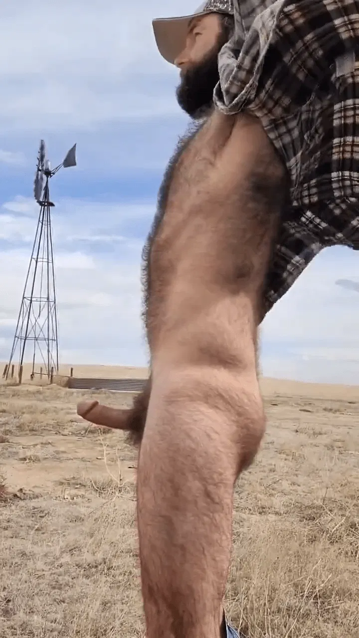 Photo by DirtyDaddyFunStuff with the username @DirtyDaddyPorn, who is a verified user,  May 30, 2024 at 1:18 AM and the text says 'Windy Farmer Jerkoff2 #hairy #otter #farmer #outdoors #beards #cum #cumshot #furry #muscles #hung #cowboys #countryboys'