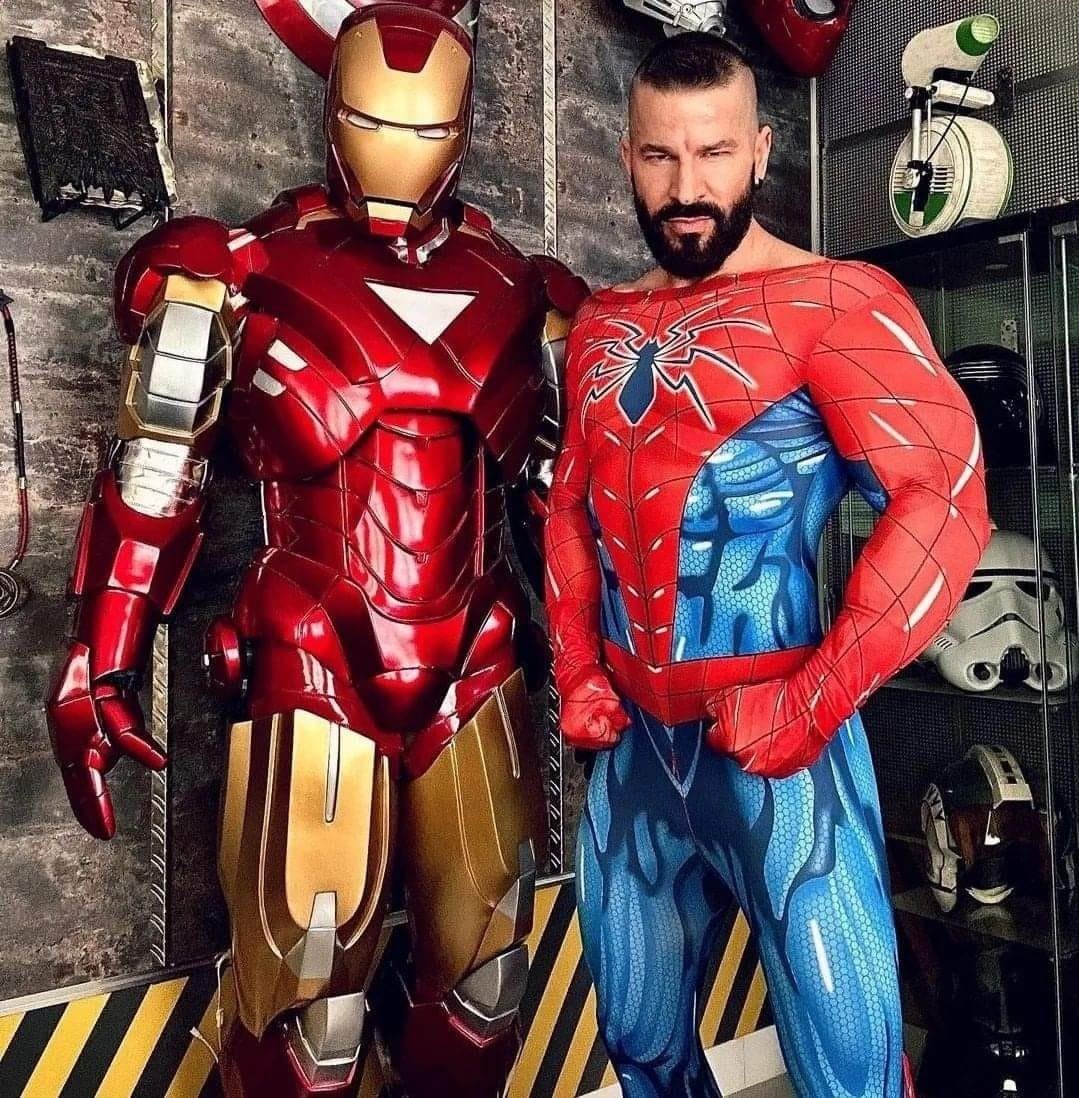 Photo by DirtyDaddyFunStuff with the username @DirtyDaddyPorn, who is a verified user,  May 28, 2024 at 12:01 AM and the text says '#beards #muscles #superheroes #costume #uniforms #spiderman'