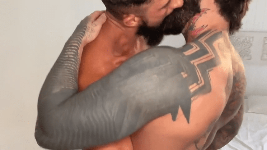 Photo by DirtyDaddyFunStuff with the username @DirtyDaddyPorn, who is a verified user,  April 21, 2024 at 6:54 PM and the text says '#butch #manly #buff #tats #Kissing and #cocksucking'