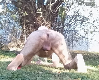 Photo by NakedBiguy with the username @NakedBiguy, who is a verified user,  October 24, 2024 at 8:21 PM. The post is about the topic Gay Exhibitionists and the text says 'Naked in the backyard'