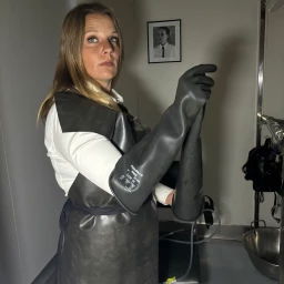 Photo by Mistress Henriette with the username @MistressHenriette, who is a verified user,  April 9, 2024 at 6:45 PM. The post is about the topic SissyboiCD and the text says 'Examination 11am at Mistress Henriette’s Detention Center. #rubber #rubbermistress #apron #rubbergloves #dominatrixbarcelona #MistressHenriette'