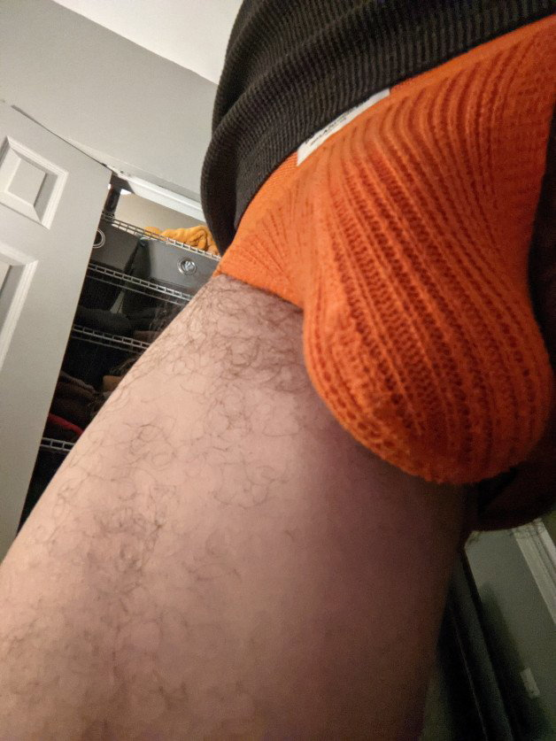 Photo by Daddy and his boy with the username @Webcrawlerguy, who is a verified user,  February 20, 2024 at 3:47 PM. The post is about the topic Bulgewatch and the text says 'Orange jock. Lick it. Rub it all over your face. Suck the precum out of the pouch. Worship Dad's penis'