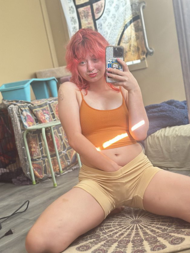 Photo by Abby with the username @redheadabby, who is a star user,  May 31, 2024 at 7:50 PM. The post is about the topic Mirror Selfies and the text says 'ohhh, i so love to touch me, knowing you watch :P'