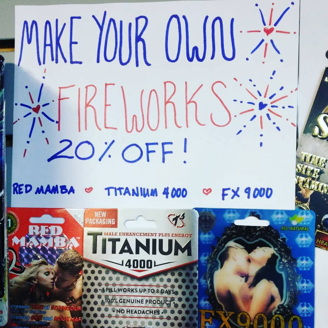 Photo by rawloadstaken with the username @rawloadstaken,  July 3, 2018 at 5:51 PM and the text says 'alladultsupershop:For a limited time, celebrate the #4thofjuly with 20% OFF Red Mamba, Titanium 4000, and FX 9000 enhancement pills! 
Make your own #fireworks  ✨ ♥  (at All Adult Super Shop)
Support local businesses, y’all'