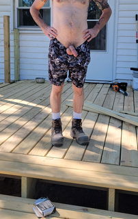 Photo by BothWaysEntwined with the username @BothWaysEntwined, who is a verified user,  August 12, 2024 at 3:35 PM and the text says 'working on our new big deck with this bwc 🥵🤤 makes it hard to get work done
 #exhibitionist #bwc #cock #bisexual #amateur'