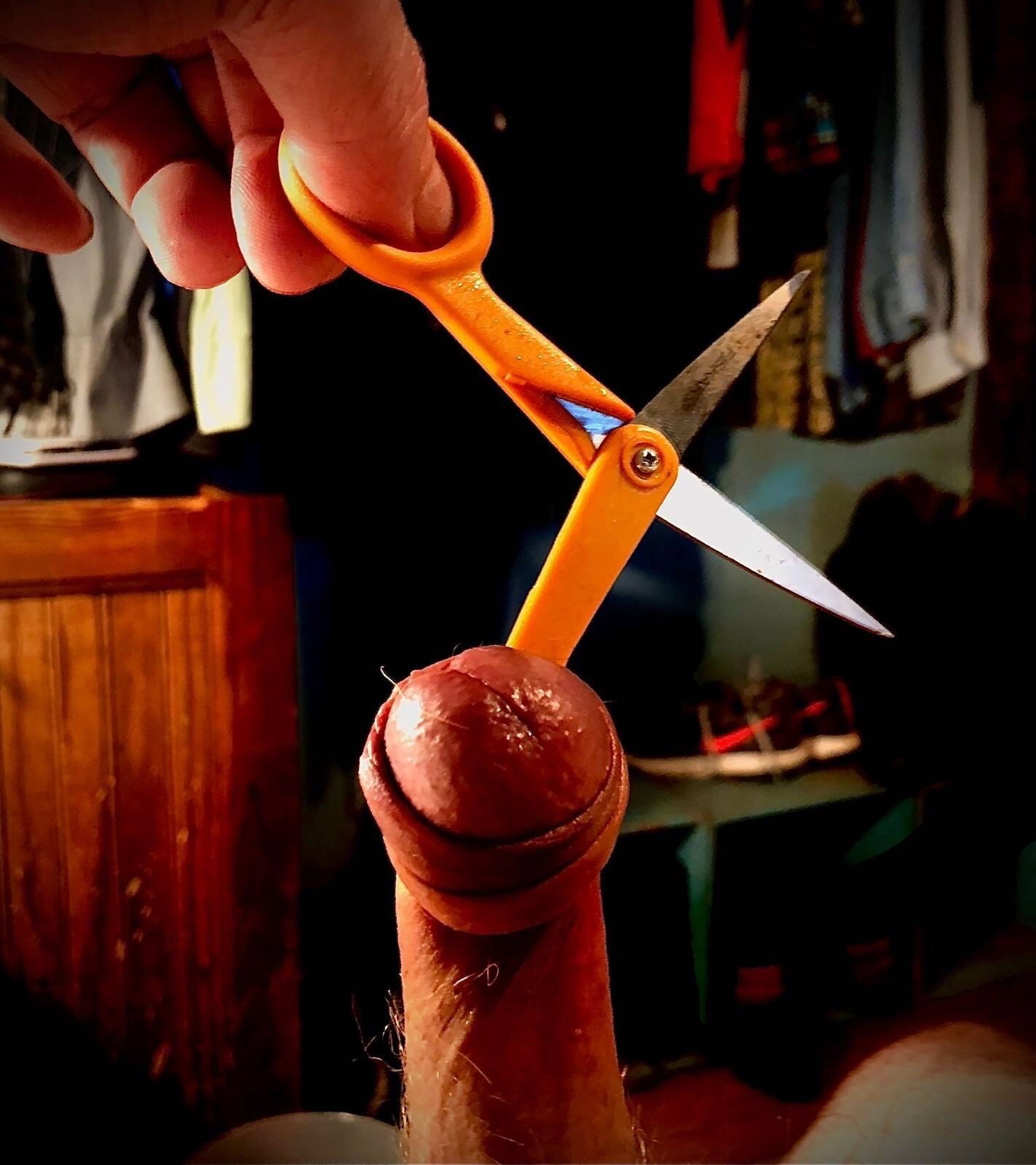 Photo by Xtraskin with the username @Xtraskin, who is a verified user,  June 11, 2024 at 9:51 AM. The post is about the topic Genital Abuse and the text says 'Fun with scissors!'