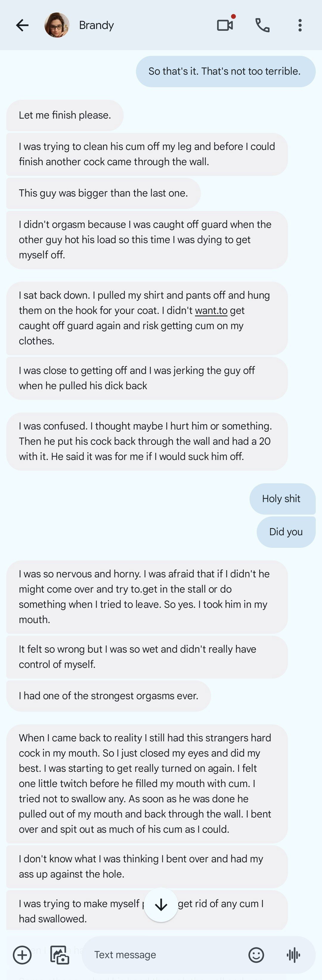 Photo by Lookingaround with the username @Neohcurious, who is a verified user,  April 25, 2024 at 9:02 PM. The post is about the topic Text Fantasies and the text says 'Text Fantasy about a wife and her first time at a gloryhole. husband wasnt too mad'