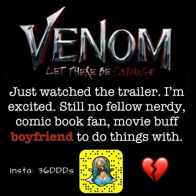 Photo by IG@36ddds with the username @averyhornyvirgo, who is a star user,  May 11, 2021 at 4:44 AM and the text says '🆓 http://onlyfans.com/FREEcrazyvirgo88 

#Venom #VenomLetThereBeCarnage #Venom2 #Venom2Trailer #venommovie #Marvel #marvelcomics #marvelmovie #nerdygirl #marvelgirl'