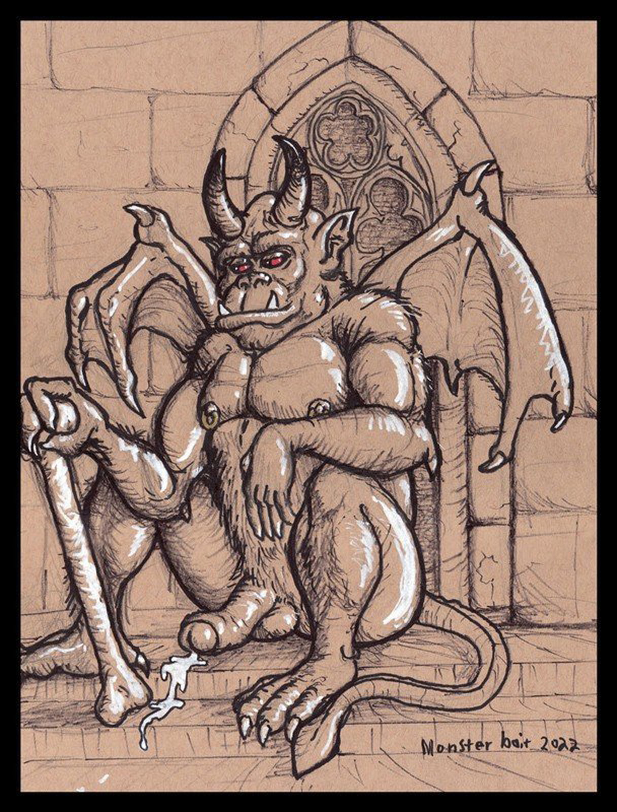 Photo by Monsterbait with the username @Monsterbait, who is a star user,  November 24, 2022 at 4:39 PM. The post is about the topic MonsterSex and the text says 'I am also doing erotic art like this demon Gargoyle piece that is over at CLAW LA Leather Getaway this weekend. 

#art #monster #erotica #eroticart #demon'