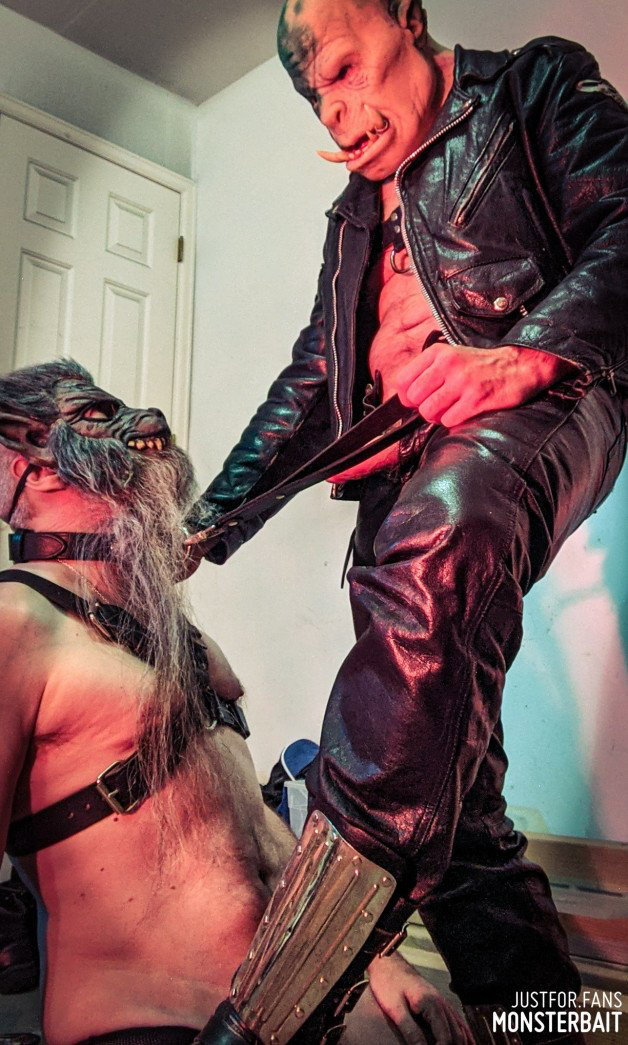 Photo by Monsterbait with the username @Monsterbait, who is a star user,  November 21, 2021 at 7:52 PM. The post is about the topic GayExTumblr and the text says 'Now throat that orc dick pup!
Orc trains werewolf in his filthy garage. Watch me dominate doggo and get his legs dirty with my greasy boots.

Photos out now for 2nd level subscribers. More on the way plus video throughout the week. 

#domination #dom..'