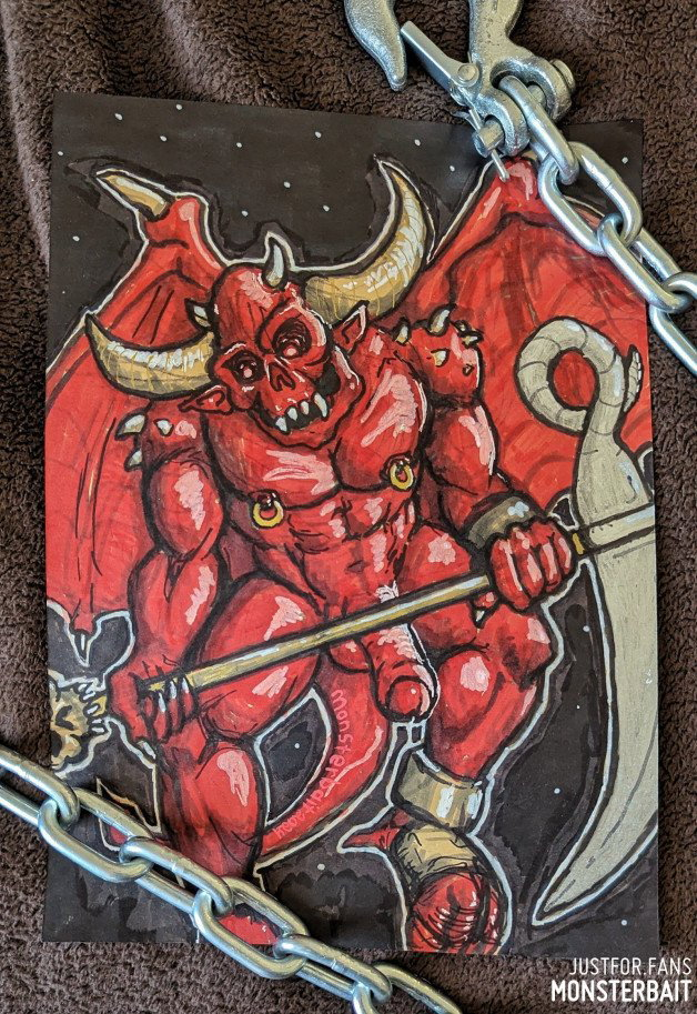 Photo by Monsterbait with the username @Monsterbait, who is a star user,  February 14, 2024 at 6:35 PM. The post is about the topic DemonSex and the text says 'Happy Demon Love Day 💕

Erotic art of a big red muscular horned demon with big leathery wings hanging in the starry night sky with a silver scythe. He has spikey shoulders and gold nipple rings and a long thick tail behind his large demonic cock'