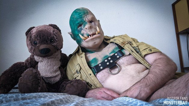Photo by Monsterbait with the username @Monsterbait, who is a star user,  September 7, 2022 at 1:34 PM. The post is about the topic GayMonsters and the text says 'The orc takes a break from straming games to get a little more comfy. 

#orc #monster #ogre #mask #leather #pinup #photo #male #men #man #gay #fetish #nudes'
