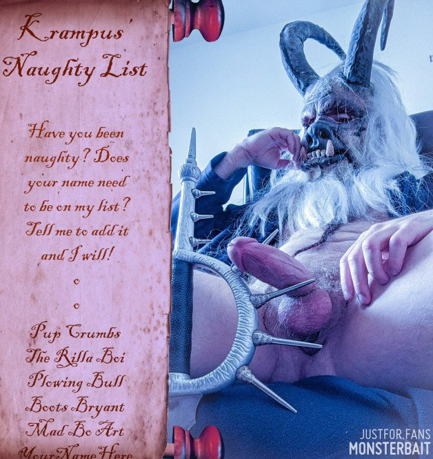 Photo by Monsterbait with the username @Monsterbait, who is a star user,  March 16, 2022 at 10:24 PM. The post is about the topic GayExTumblr and the text says 'Krampus is starting a naughty list!

I'm adding names on a prop that will be attached to Krampus when he goes out. Sometimes he will check who's been naughty and exact punishment.

Reply, message, or tell me if you want to be added to the list...'