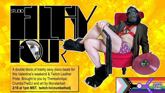 Photo by Monsterbait with the username @Monsterbait, who is a star user,  February 14, 2024 at 11:11 PM and the text says 'Enjoy your #TwitchLeatherPride this weekend with our Trashy Disco!

Studio Filthy Four brings you some wild sexy beats mixed by TheresAnApe and @crumbsthedj

Sun the 18th at 1pm MST on:

https://www.twitch.tv/crumbsthedj

#SeductiveSunday..'